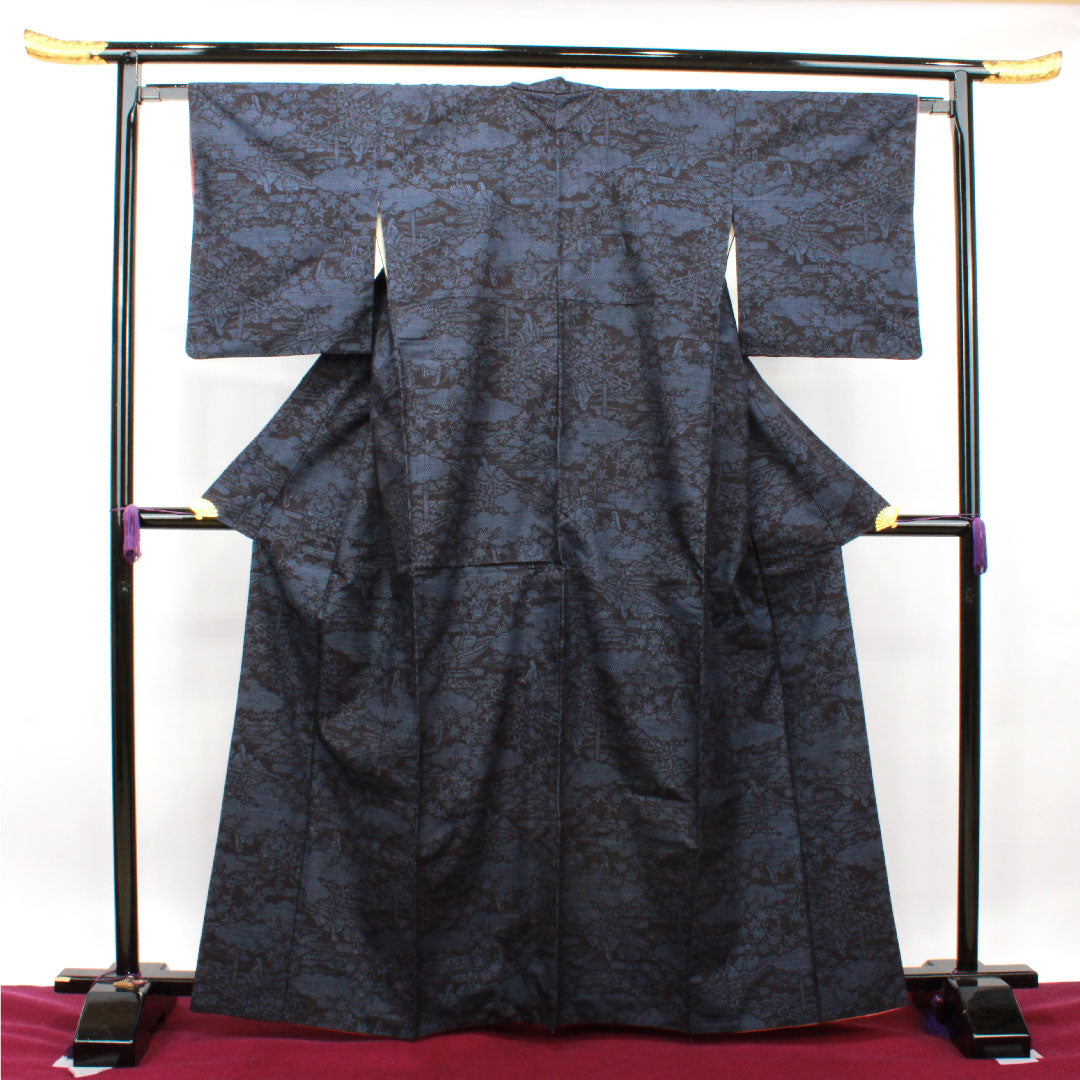 結城紬 身丈164.5cm 裄丈64.5cm 重要無形文化財 本場結城 100亀甲 正絹 Aランク 袷 紺系 1116002853418