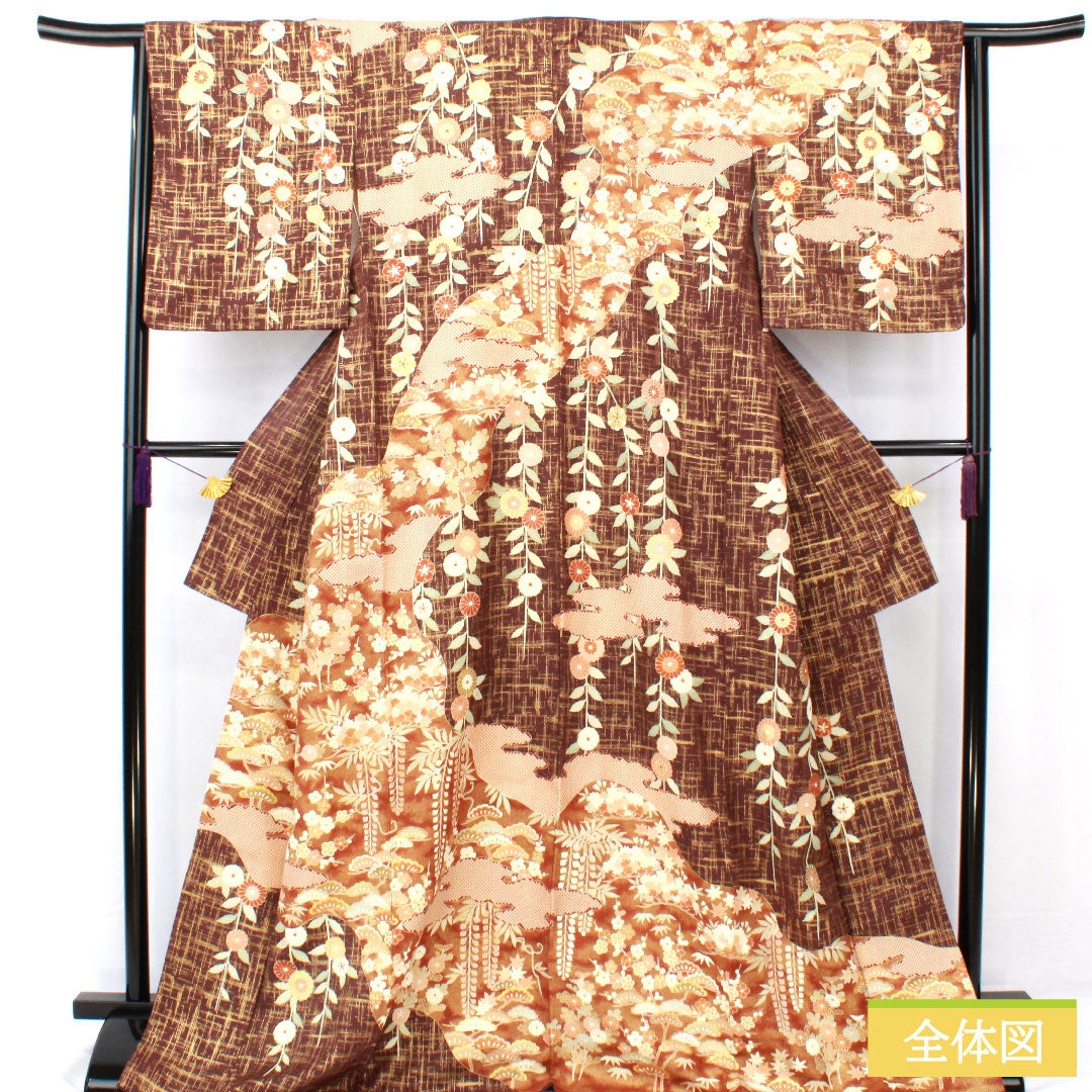訪問着 正絹 袷 身丈170.5cm 裄丈63.5cm 黒紅梅色（くろこうばいいろ） 京友禅 松竹梅 菊 Sランク 茶系 1112004982614