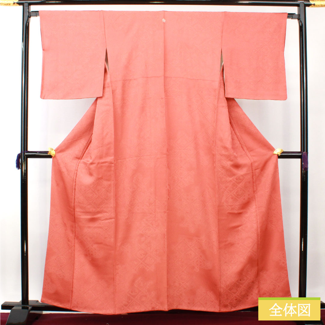 色無地 正絹 身丈160cm 裄丈66cm 中紅色（なかべにいろ） 一つ紋 中陰桔梗 袷 Aランク 朱系 1114001343416