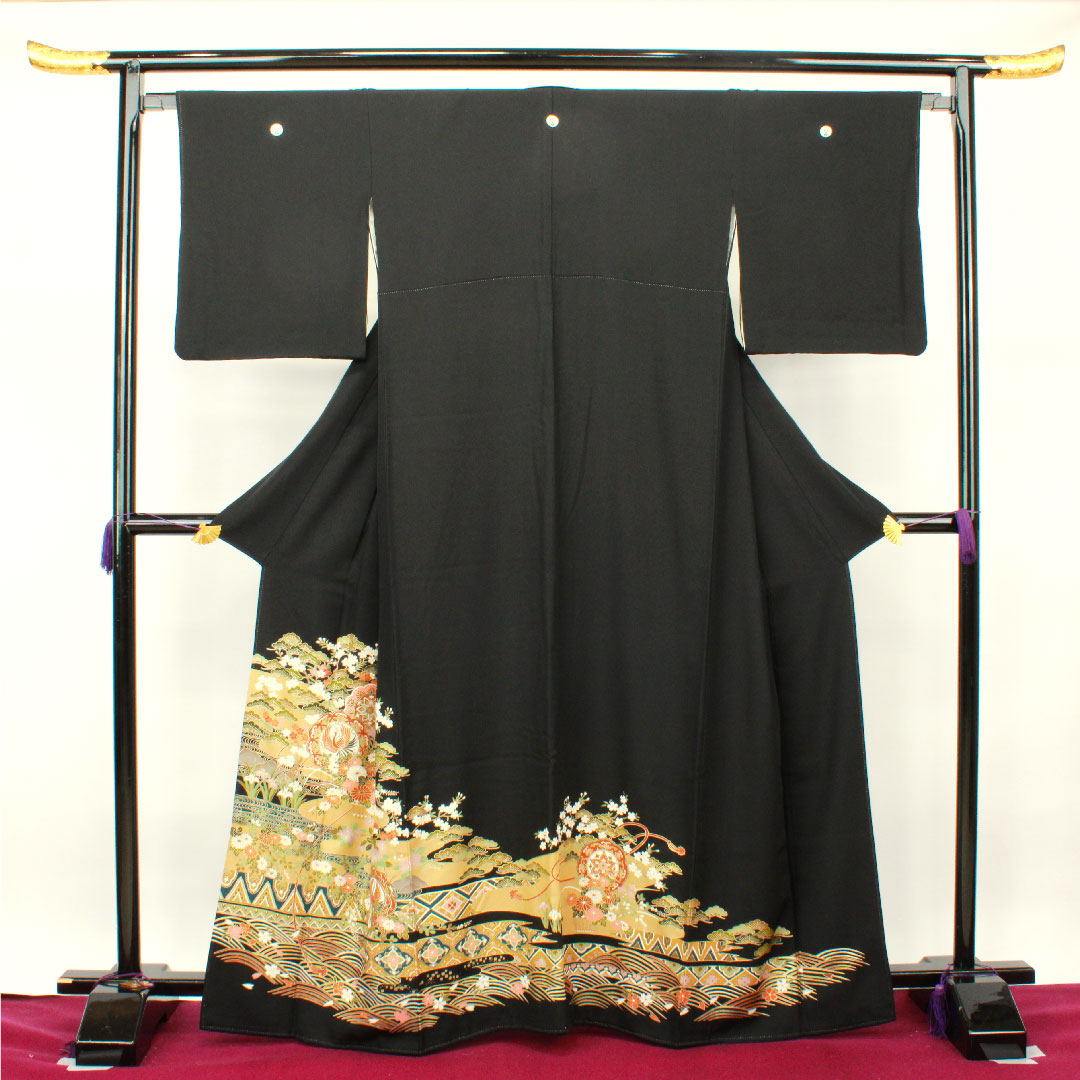 黒留袖 身丈163.5cm 裄丈62.5cm 袷 京友禅 吉祥文様 丸に抱き沢瀉 正絹 Aランク 五つ紋 黒系 1111000633410