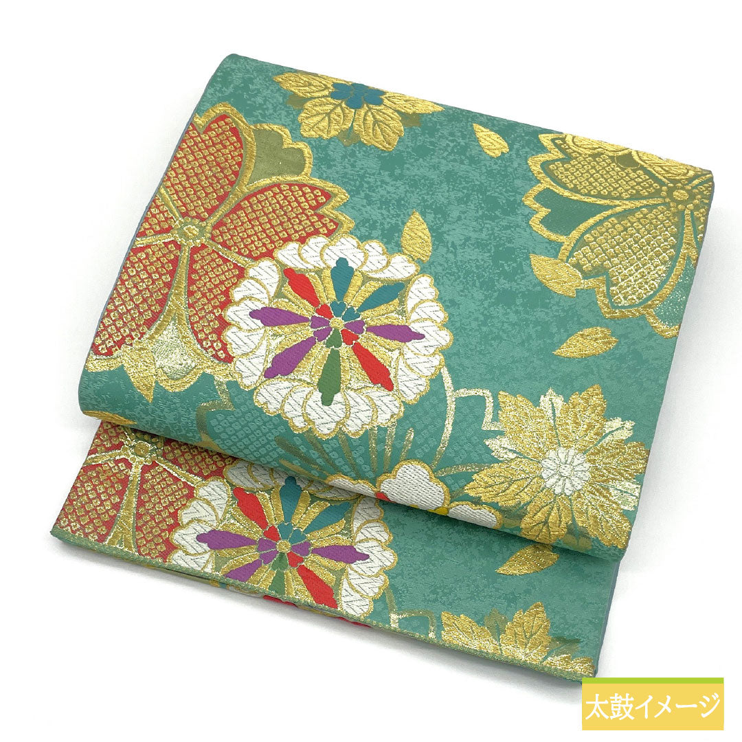 Nishijin-ori silk obi (sleeve sash), S-rank, in Hisokuiro (hidden color), with a floral pattern, reversible, suitable for furisode (long-sleeved kimono), length 462cm, six-fold, formal, green, product number 1123016322419
