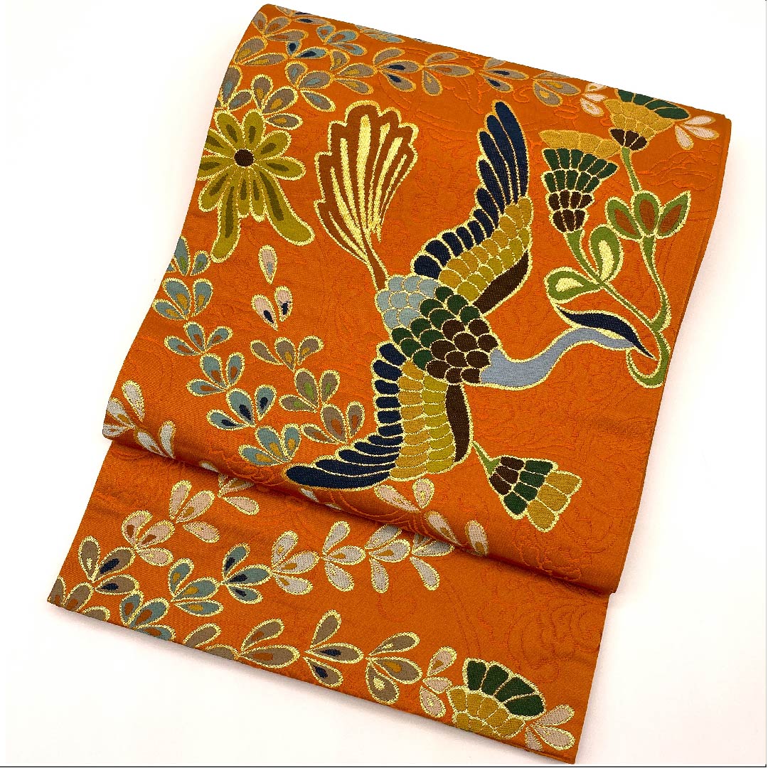 袋帯 人参色（にんじんいろ） 鳳凰 白綾苑大庭 帯丈432cm 正絹 Sランク 六通 フォーマル 橙系 1123008912326