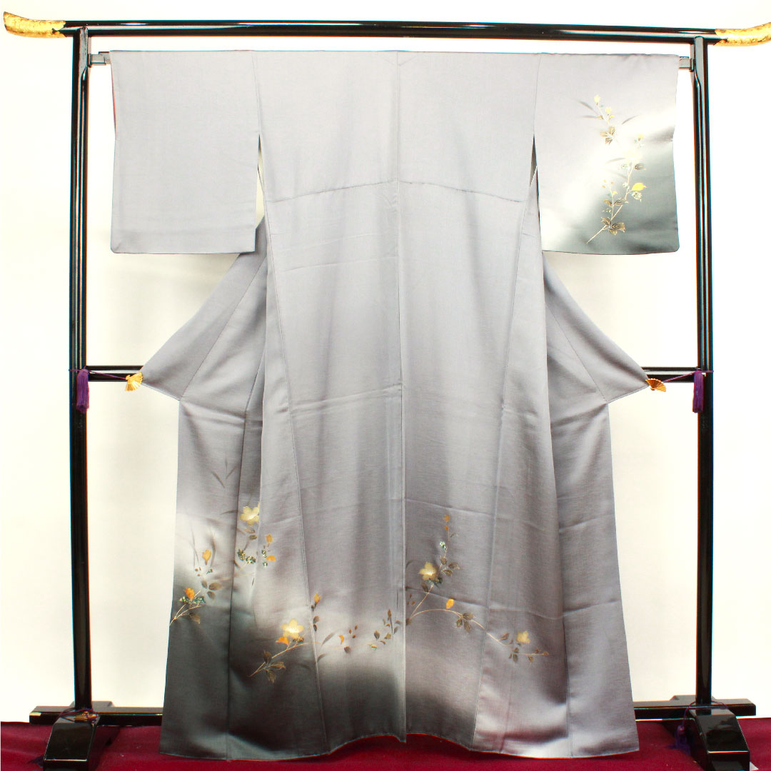 訪問着 袷 身丈163.5cm 裄丈67cm 鉛色 金彩加工 草花模様 正絹 Aランク グレー系 1112002603422