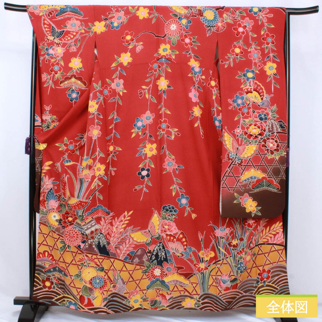振袖 正絹 Sランク 身丈162cm 裄丈67.5cm 袷 柘榴色（ざくろいろ） 京紅型 吉祥文様 蝶 パールトーン加工 赤系 1113002392412