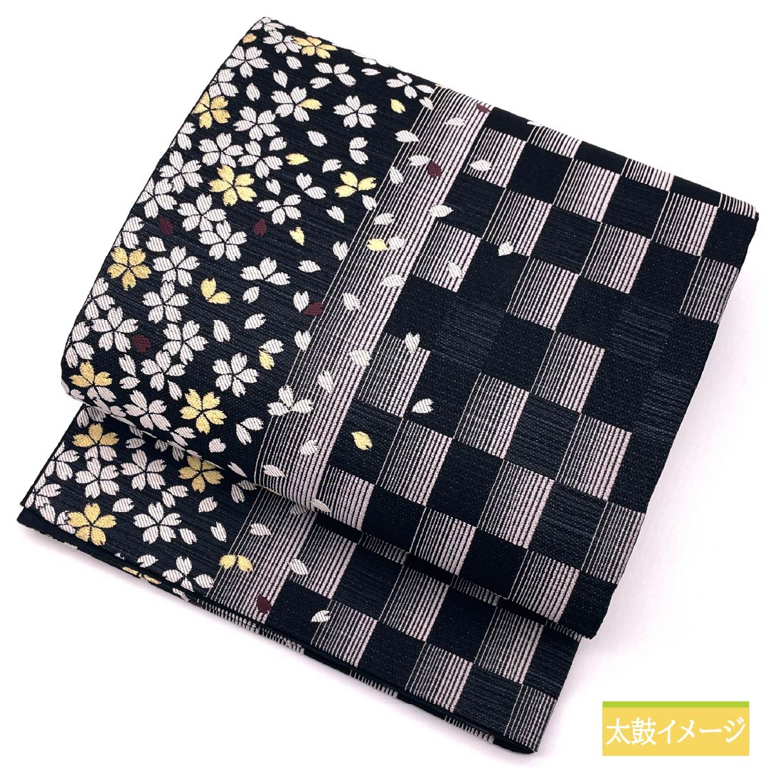 Pure silk obi with cherry blossom and checkered pattern, length 436cm, S rank, six-fold obi, semi-formal, black, 1123014452310