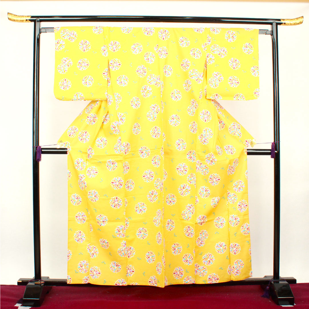 浴衣 支子色 抽象模様 木綿 Sランク 単衣 身丈160.5cm 裄丈64cm 黄系 1118001232423