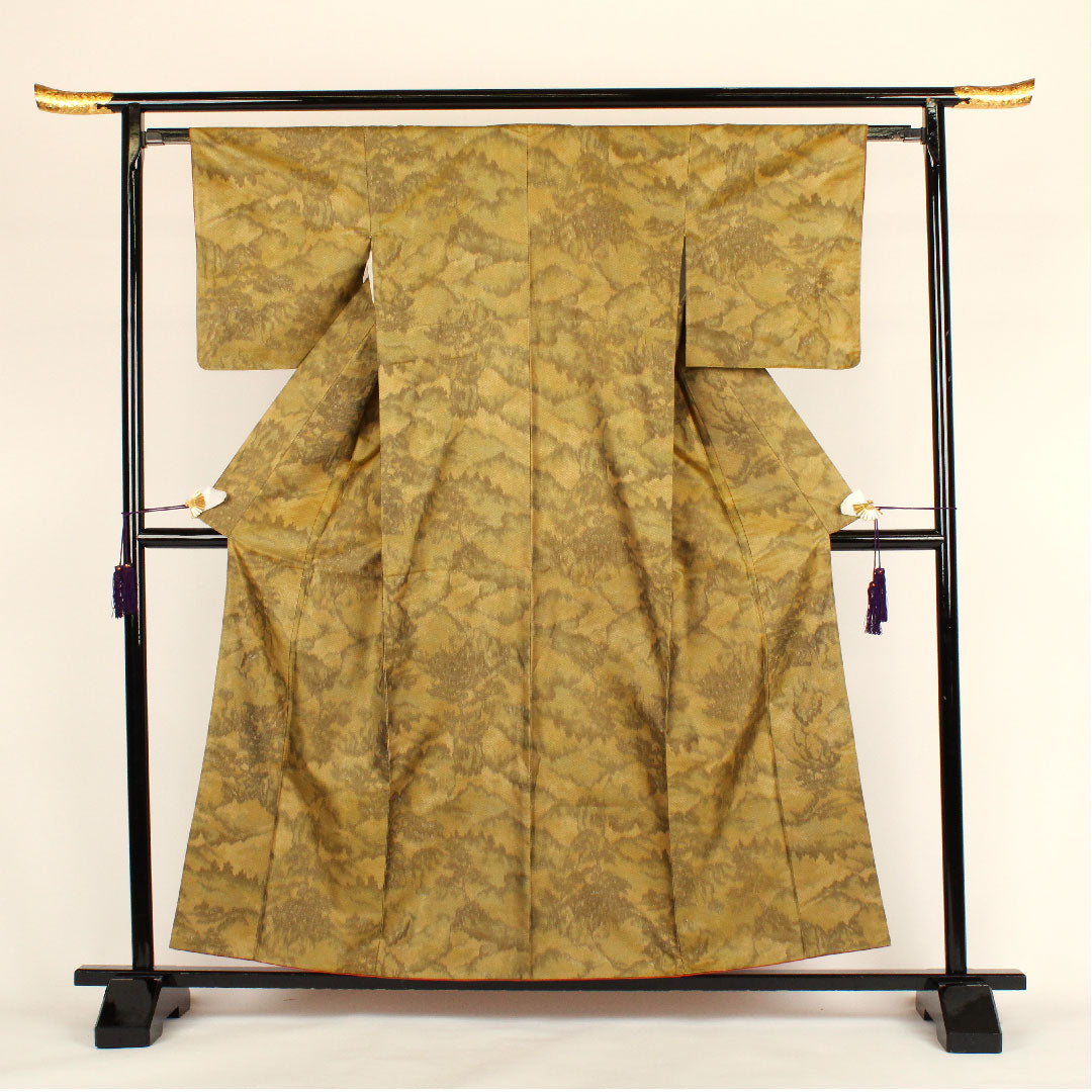 小紋 身丈159cm 裄丈64cm 袷  洗える着物 織ボカシ ポリ Sランク 黄系 1115000112323