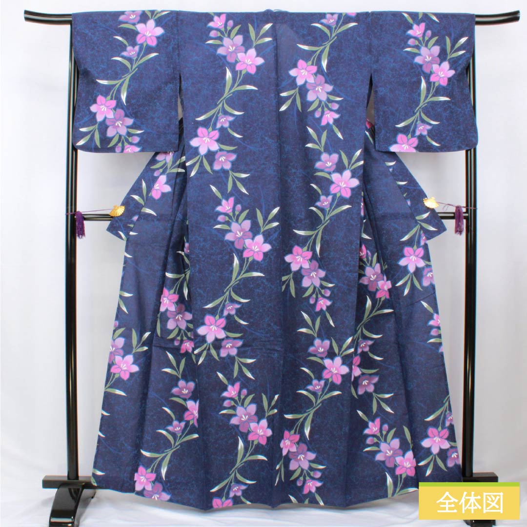 Cotton Yukata, Length 163cm, Sleeve Length 66cm, S Rank, Single Layer, Navy Blue, Gentian Pattern, 1118006432418