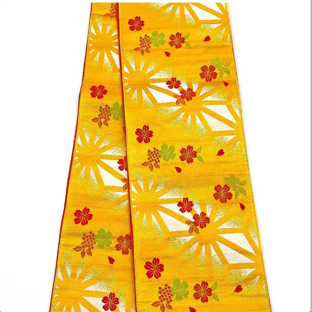 （未仕立）半幅帯 ポリエステル 濃卵色（こいたまごいろ） 花柄 小桜 麻の葉 木の実 古典柄 帯丈352cm 黄系 Sランク 1125000932323