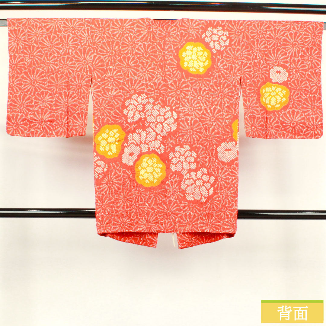 道行コート 正絹 身丈79cm 裄丈63.5cm  緋色 総絞り 菊 Sランク 袷 赤系 1117000722912