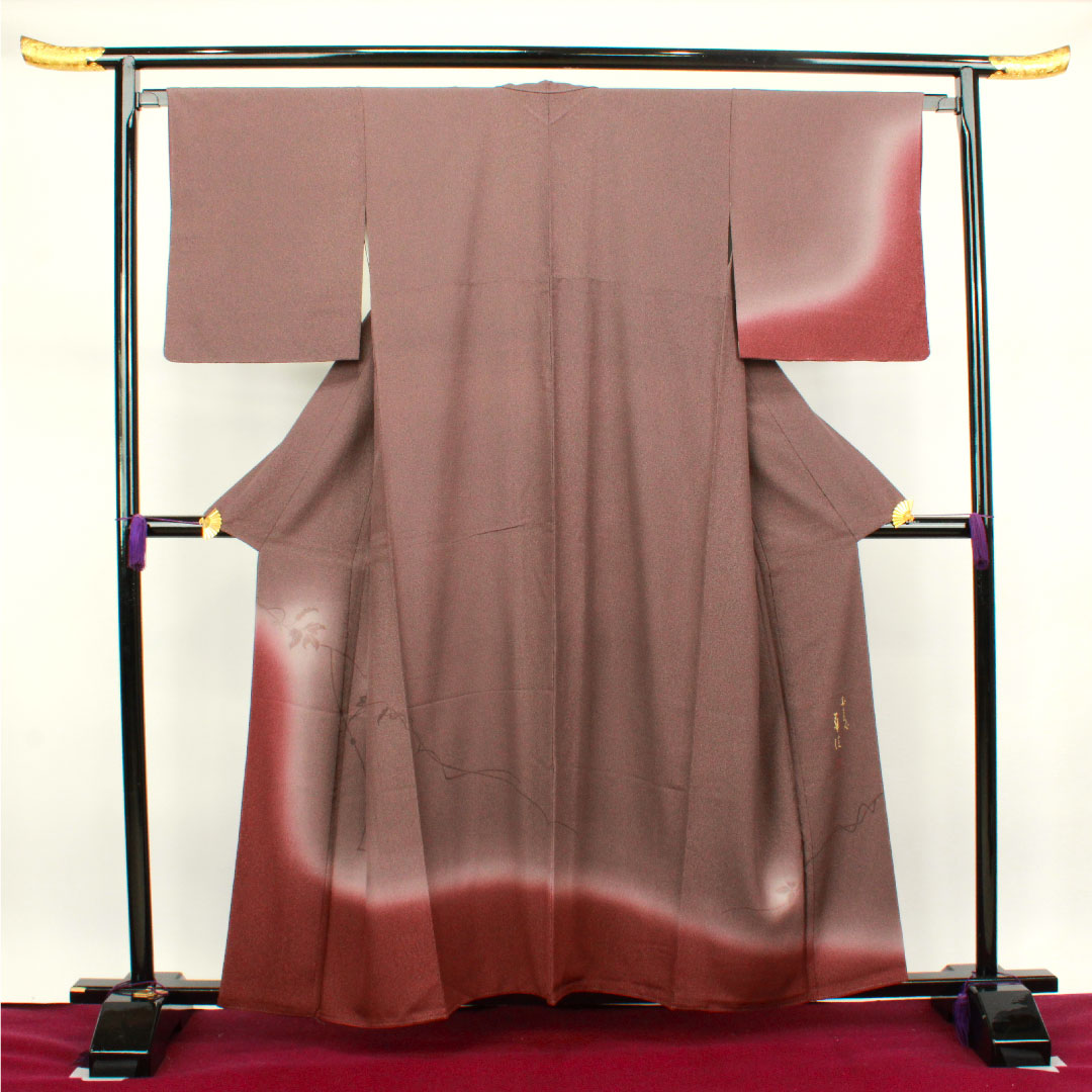 訪問着 袷 身丈158.5cm 裄丈65cm 錆臙脂色 天目染 作家物 花模様 正絹 Sランク 茶系 1112002422314