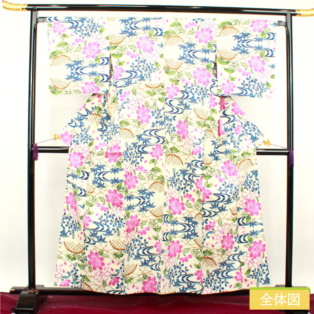 浴衣 綿麻 身丈159cm 裄丈66cm Sランク 単衣 白系 乳白色（にゅうはくしょく） 源氏物語 型染 桜 1118004782311