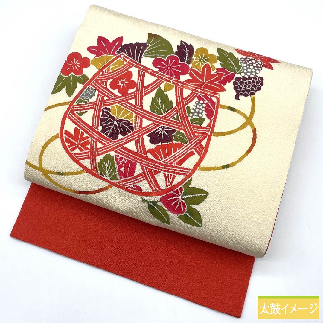 名古屋帯 正絹 Sランク 生成り色（きなりいろ） ちりめん地 京紅型 三越ちりめん 帯丈359cm ポイント柄 カジュアル クリーム系 1124009212315 名古屋仕立て