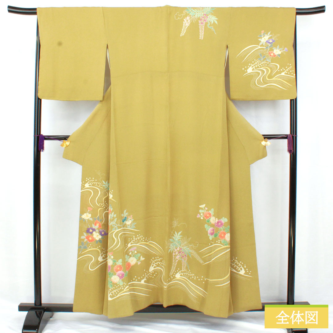 訪問着 正絹 袷 身丈155.5cm 裄丈67.5cm 唐金色（からかねいろ） 京友禅 ちりめん地 草花模様 Aランク 緑系 1112005953319
