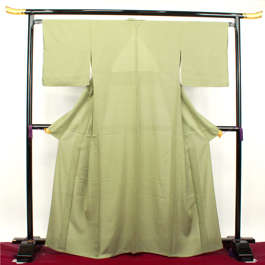 夏物 正絹 色無地 身丈165cm 裄丈65.5cm 麴塵色（きくじんいろ） 素無地 絽 Aランク 緑系 1132001503519