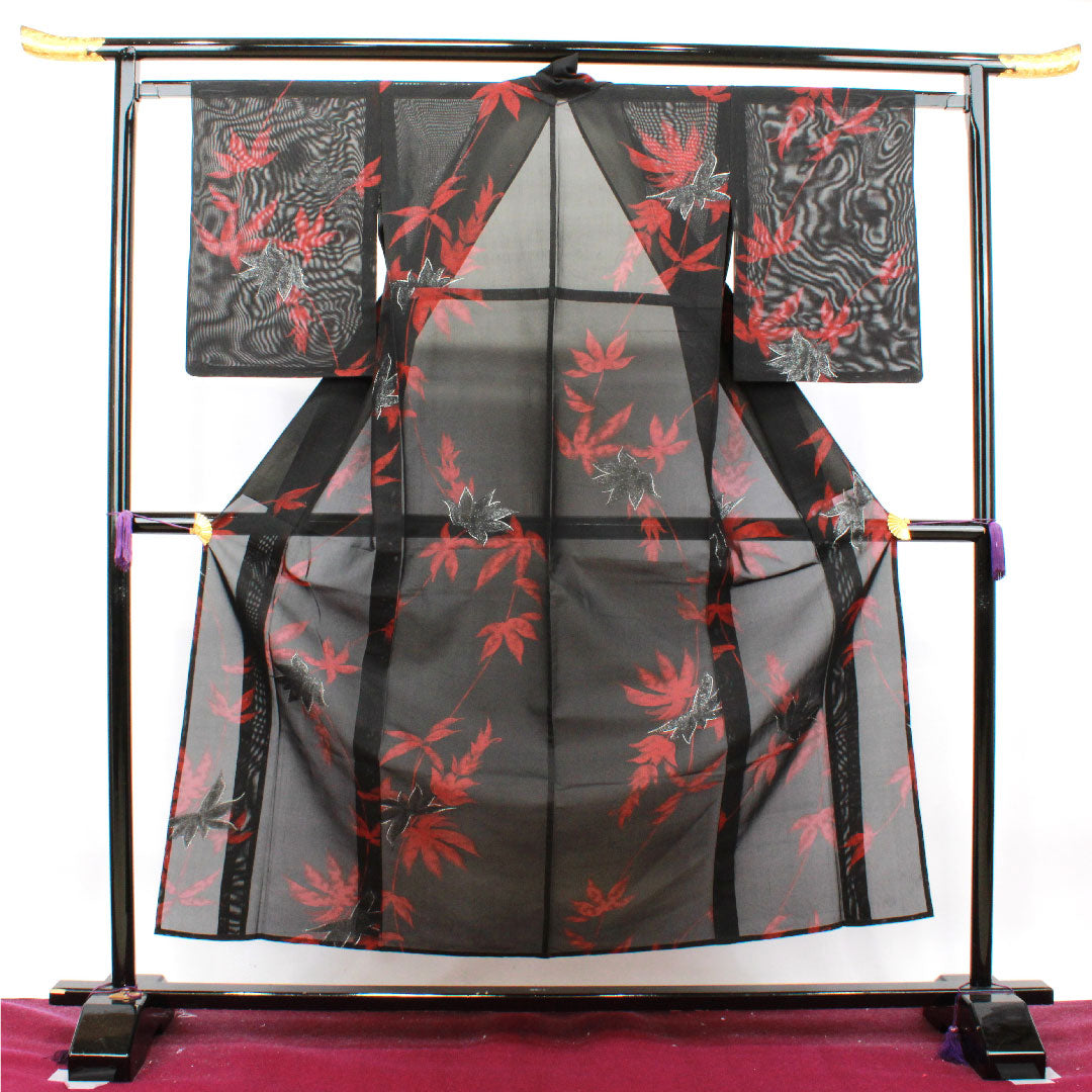 夏物 正絹 小紋 身丈156.5cm 裄丈62cm  抽象模様 紗 Aランク 黒系 1132001083310