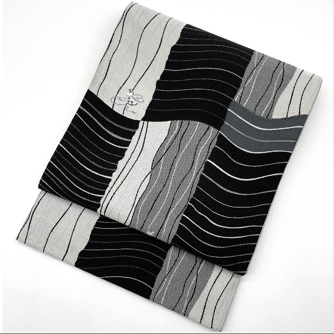 袋帯 変わり市松 瓢箪 モノトーン 帯丈438cm 正絹 Sランク 六通 カジュアル グラデーション系 1123008812399