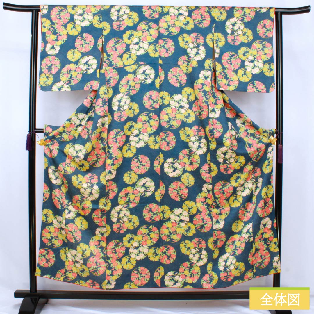 小紋 正絹 Aランク 身丈154cm 裄丈60cm 袷 紺色（こんいろ） 花丸紋 紺系 1115007693218