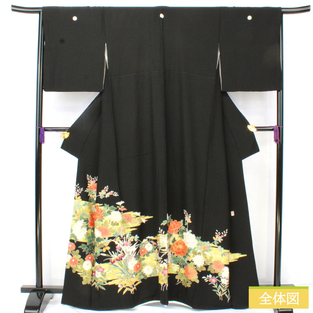 Black formal kimono, pure silk, length 162cm, sleeve length 66cm, lined, Kyoto yuzen, floral pattern, artist's work, five crests, circle with oak leaves, A rank, black, 1111001613410