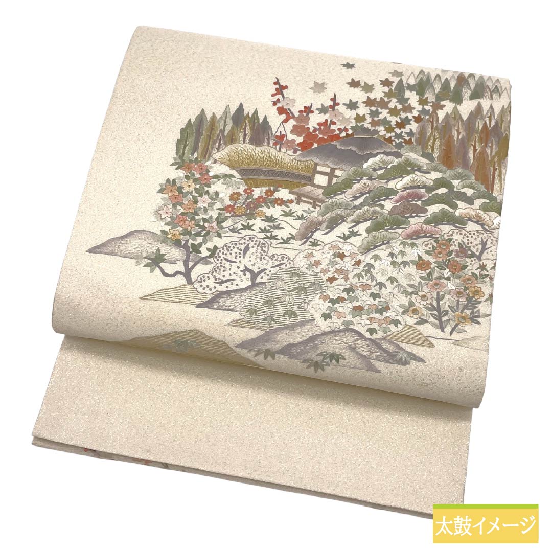 袋帯 正絹 Aランク 生成り色（きなりいろ） 蘇州刺繡 綴れ地 風景模様 銀糸 帯丈468cm ポイント柄 セミフォーマル 白系 1123017533411