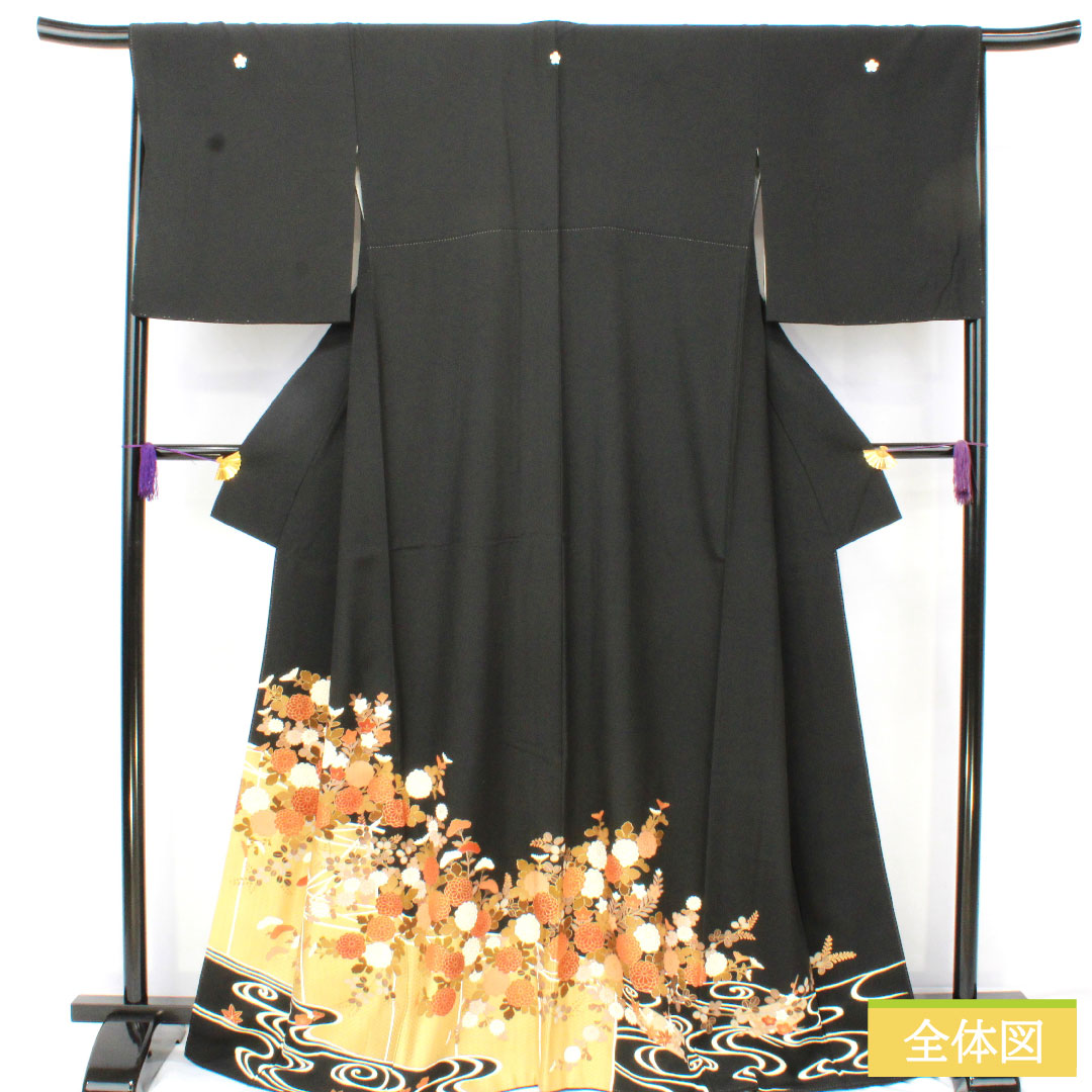 Black formal kimono, pure silk, length 167cm, sleeve length 67cm, lined, Kyoto yuzen, floral pattern, five crests, plum blossom, S rank, black, 1111001642510
