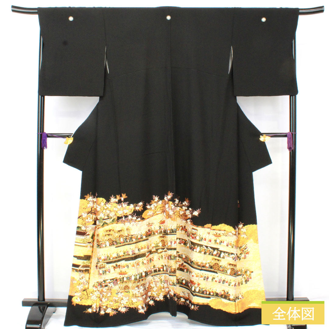 Black formal kimono, pure silk, length 162.5cm, sleeve length 69cm, lined, Kyoto Yuzen, feudal lord procession, artist work, Matsuo Korin, five crests, circle with four corners, A rank, black, 1111001603410