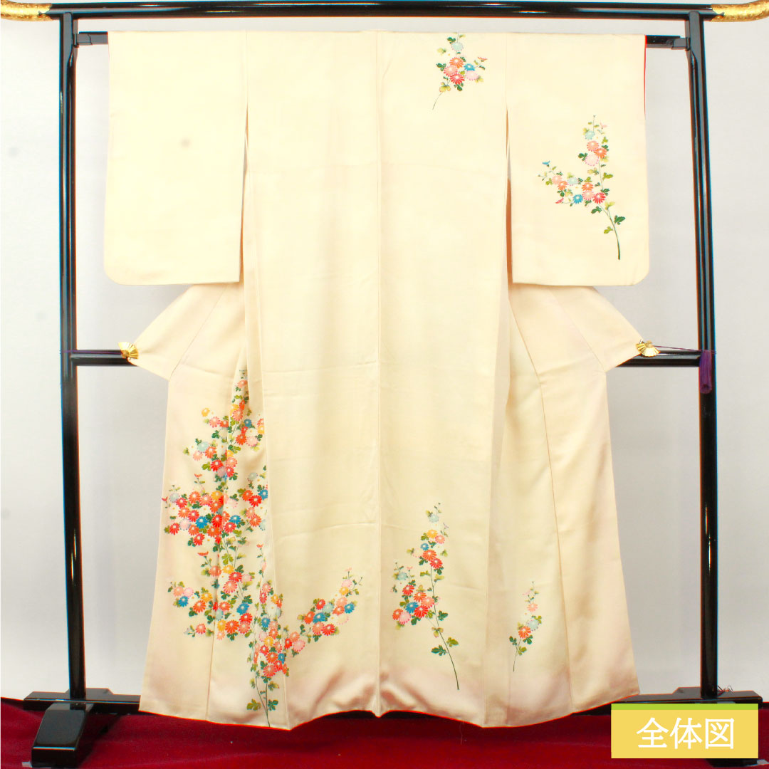 訪問着 正絹 袷 身丈160cm 裄丈63.5cm 砥粉色（とのこいろ） 京友禅 草花模様 Aランク クリーム系 1112004803415