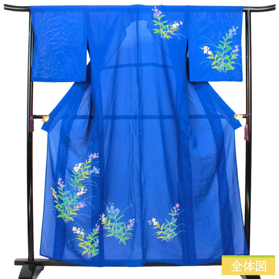 夏物 正絹 訪問着 Aランク 身丈157.5cm 裄丈64cm 瑠璃色（るりいろ） 付下げ 草花模様 京友禅 絽 青系 1132003753317