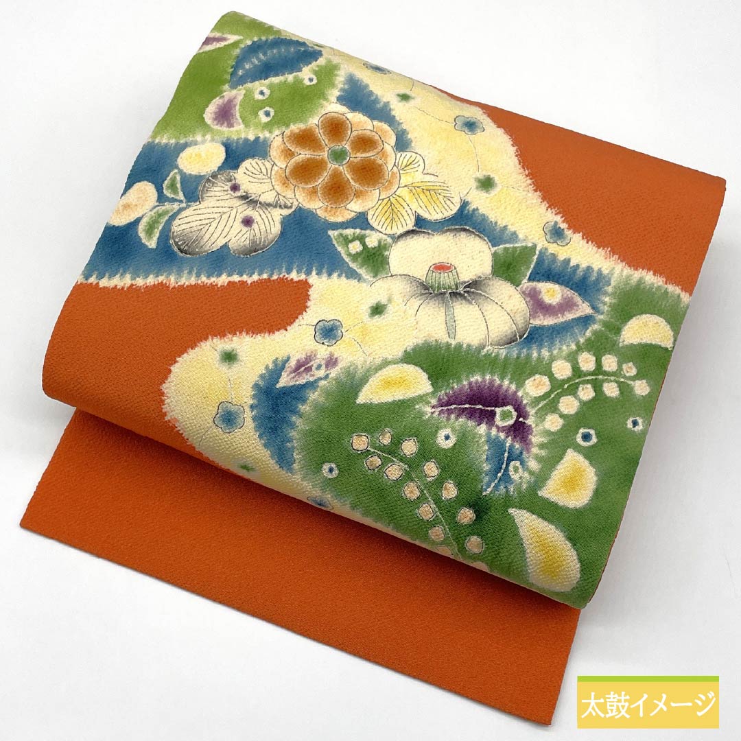 名古屋帯 赭色（そおいろ） ちりめん地 辻ヶ花 帯丈362cm 正絹 Aランク ポイント柄 セミフォーマル 橙系 1124008043326 名古屋仕立て