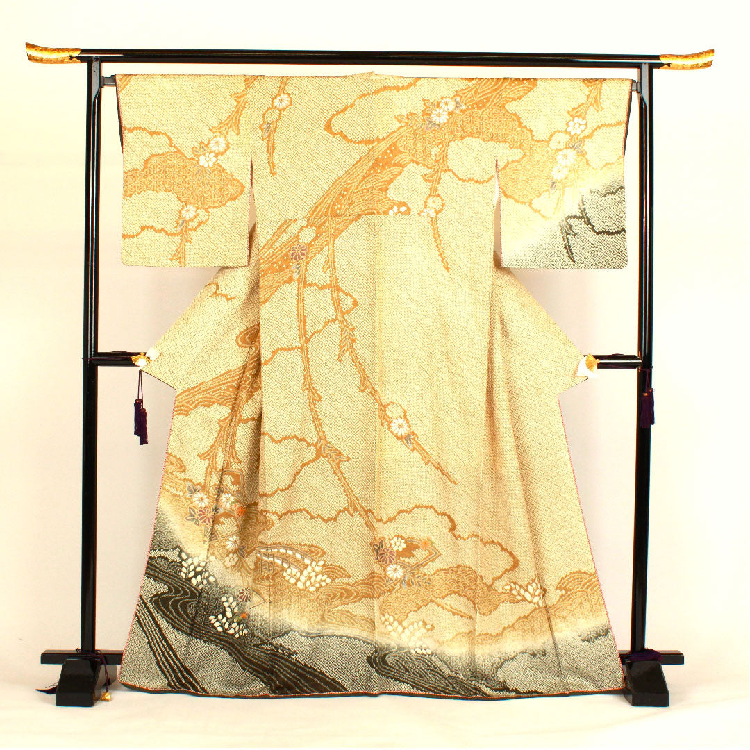 訪問着 袷 身丈167cm 裄丈69cm 総絞り 刺繍 吉祥文様 正絹 Sランク 黄系 1112000562523