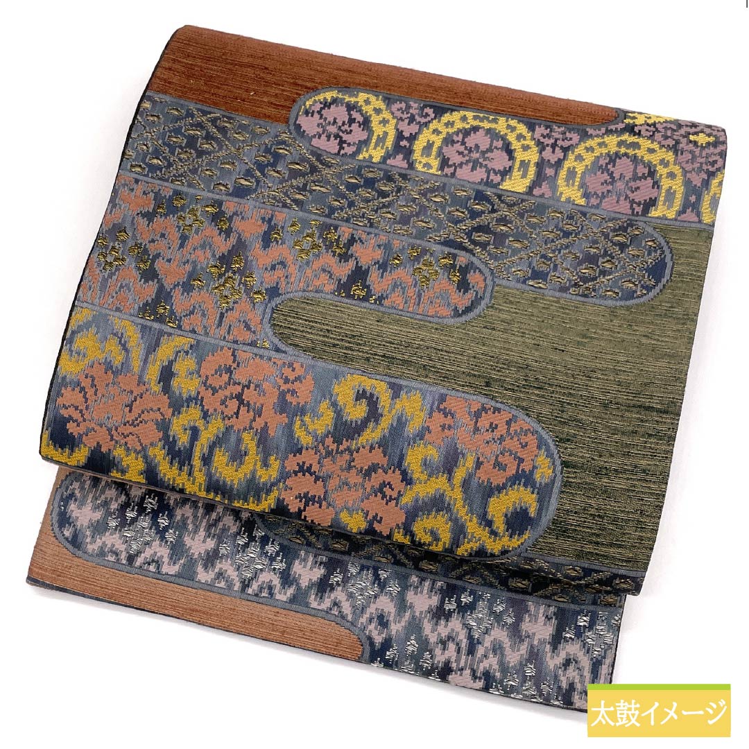 袋帯 正絹 花唐草 丸に花 横段 帯丈446cm Aランク 六通 カジュアル グラデーション系 1123012423399