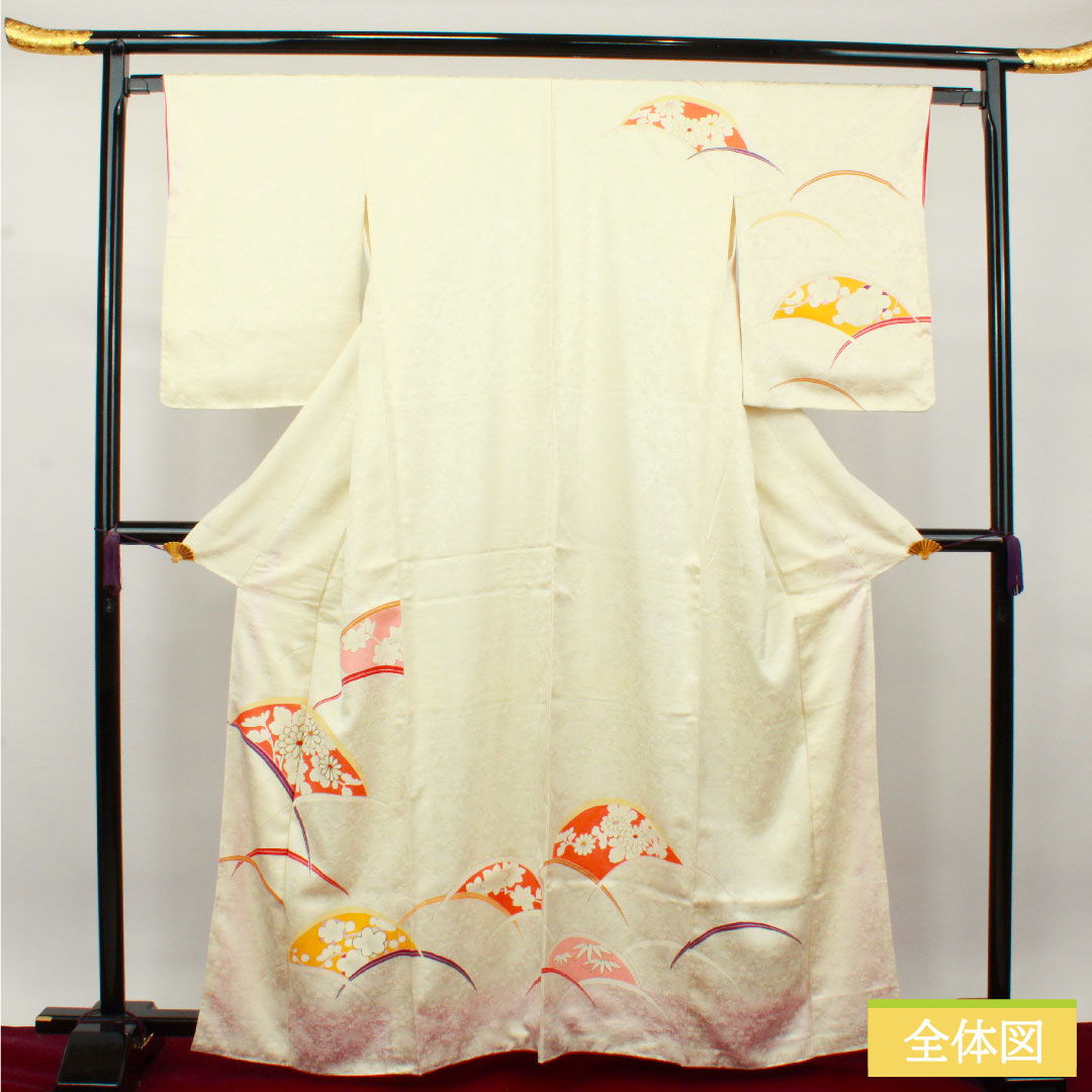 訪問着 正絹 袷 身丈162.5cm 裄丈63.5cm 乳白色 京友禅 扇面 草花模様 しつけ糸付き 未使用品 Sランク クリーム系 1112003412415