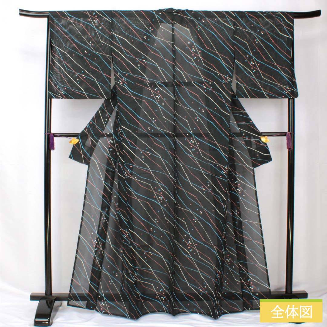 Summer kimono, polyester, small pattern, length 164.5cm, sleeve length 68cm, geometric pattern, washable kimono, silk, S rank, black, 1132002242410