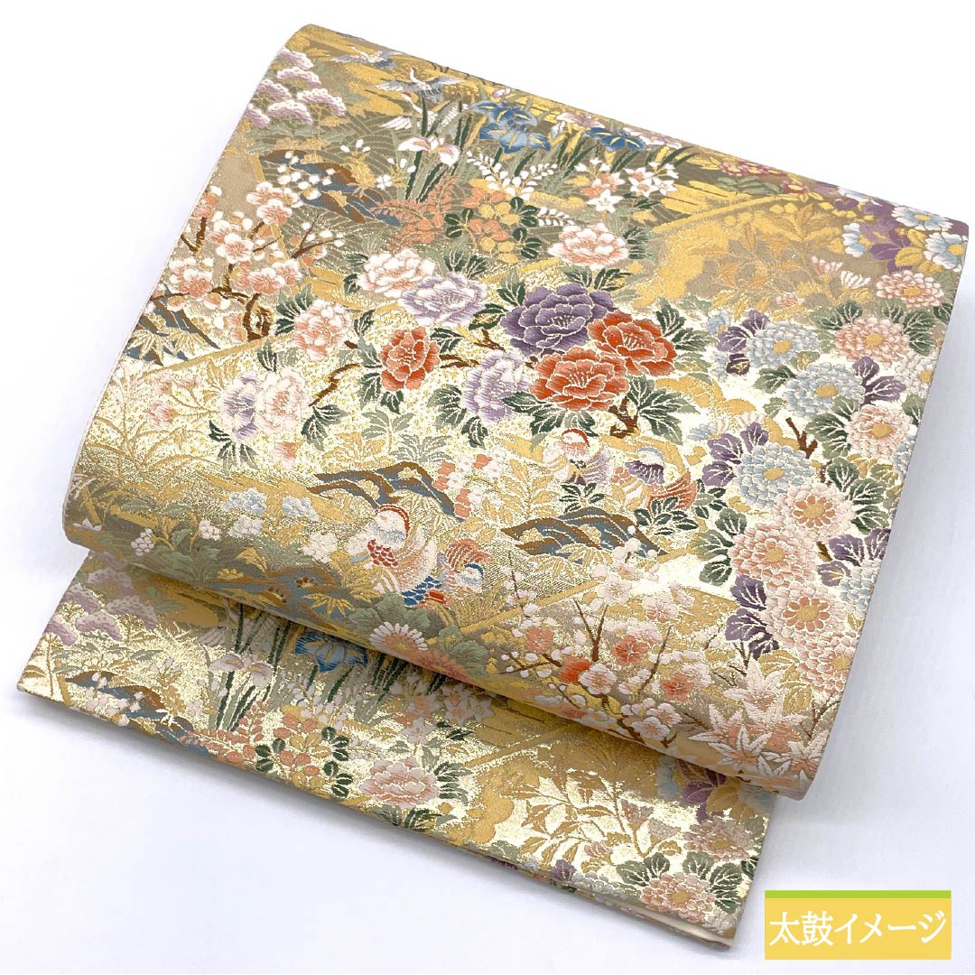 袋帯 正絹 Aランク 古典柄 留袖用 招宴花鳥文様 帯丈436cm 六通 フォーマル 金系 1123015503321