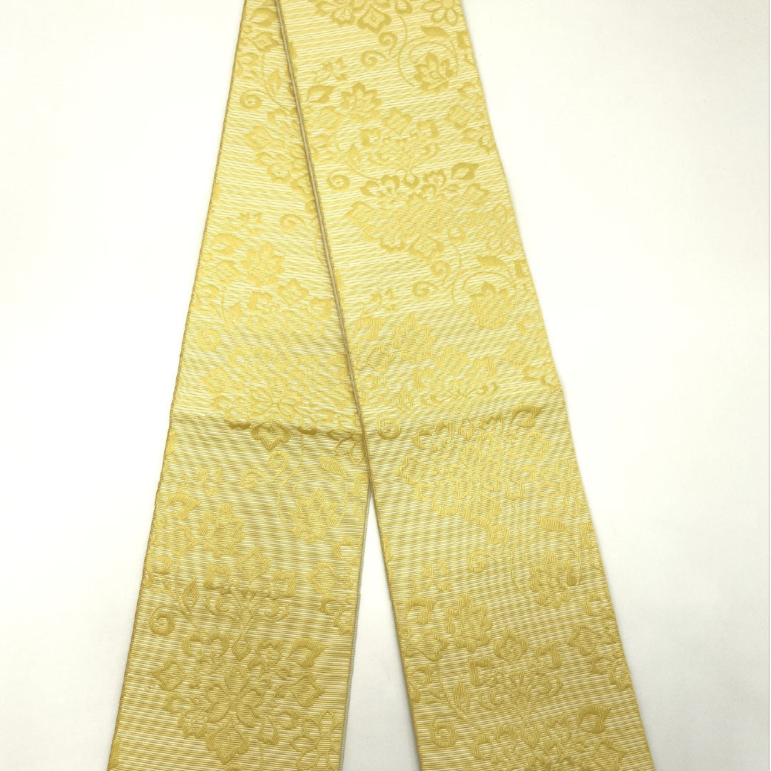 （新品）半幅帯 ポリエステル NEWランク 卵色（たまごいろ） 象牙色（ぞうげいろ） 唐花模様 七宝つなぎ リバーシブル 帯丈400cm 黄系 1125002561423