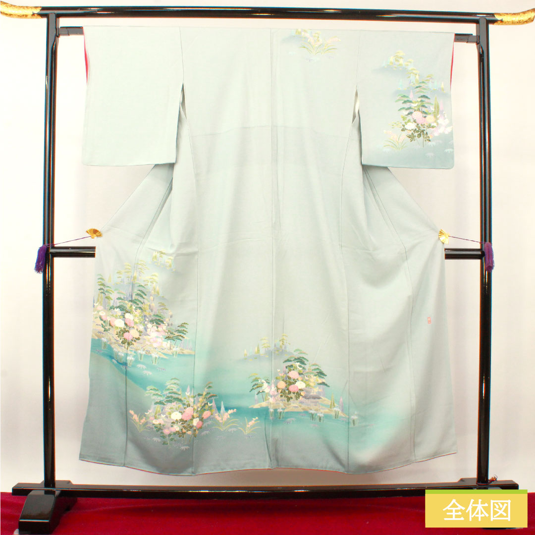 訪問着 正絹 袷 身丈151.5cm 裄丈63cm 青白磁色 京加賀友禅 峰山和生 吉祥文様 Sランク 水色系 1112003812224