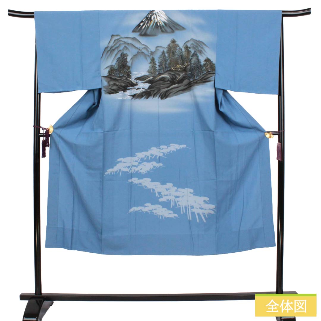 メンズ襦袢 ポリエステル Sランク 身丈138cm 裄丈67.5cm 朧花色（おぼろはないろ） 風景画 単衣 青系 1140000842317