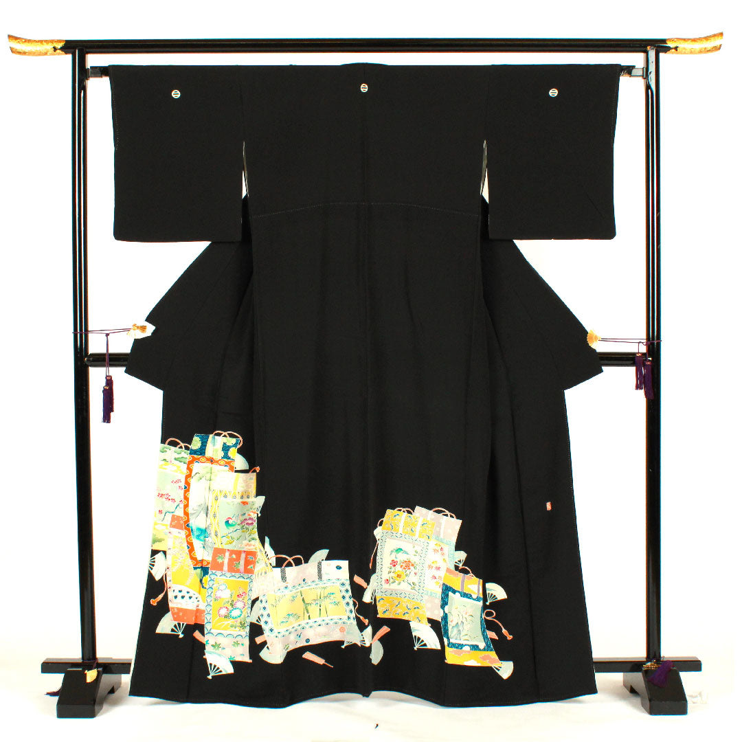 黒留袖 身丈165cm 裄丈65cm 袷 几帳 吉祥文様 丸に二つ引き 正絹 Bランク 五つ紋 黒系 1111000324510