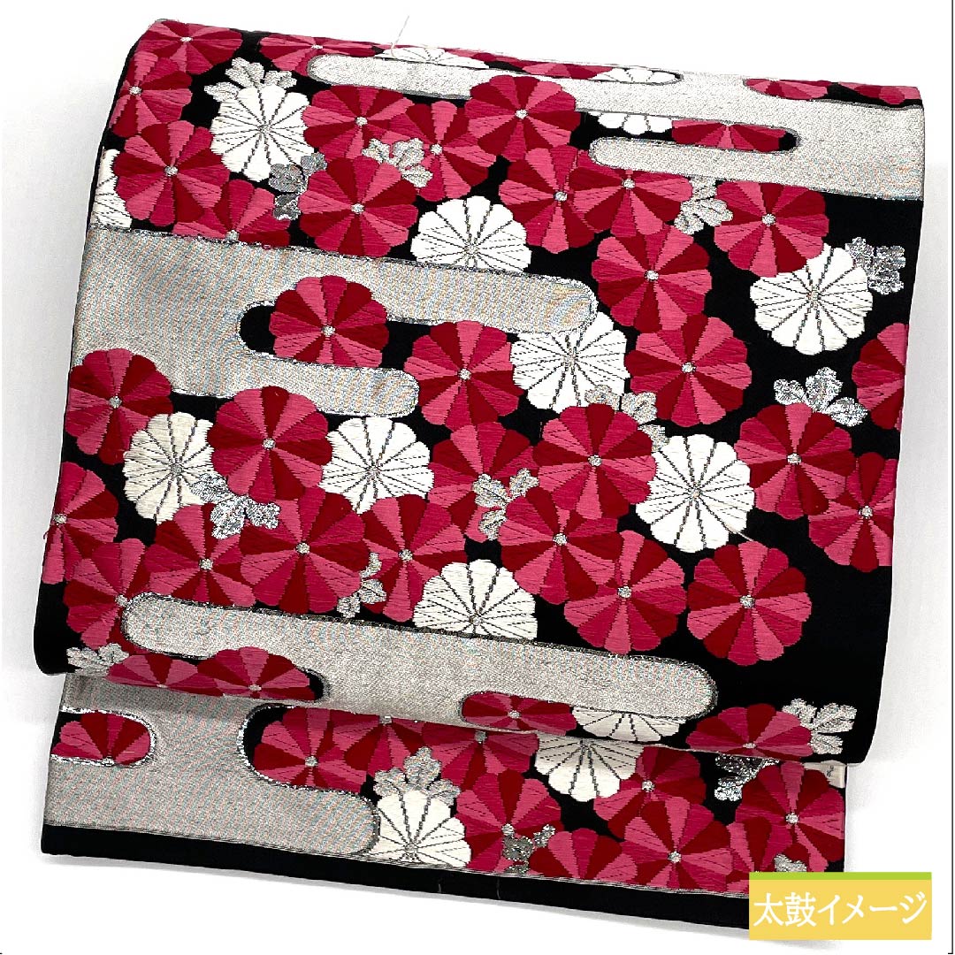 袋帯 正絹 黒色（くろいろ） 万寿菊 帯丈400cm Sランク 六通 フォーマル 黒系 1123011972310