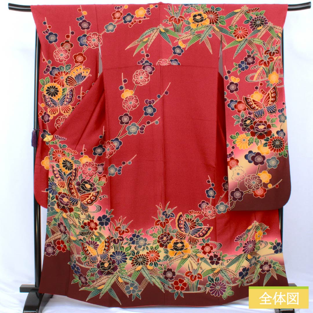 Silk Furisode, Rank A, Length 164cm, Sleeve-to-sleeve 69cm, Lined, Deep Crimson, Kyo-Yuzen, Auspicious Patterns, Red Tones, 1113002963412
