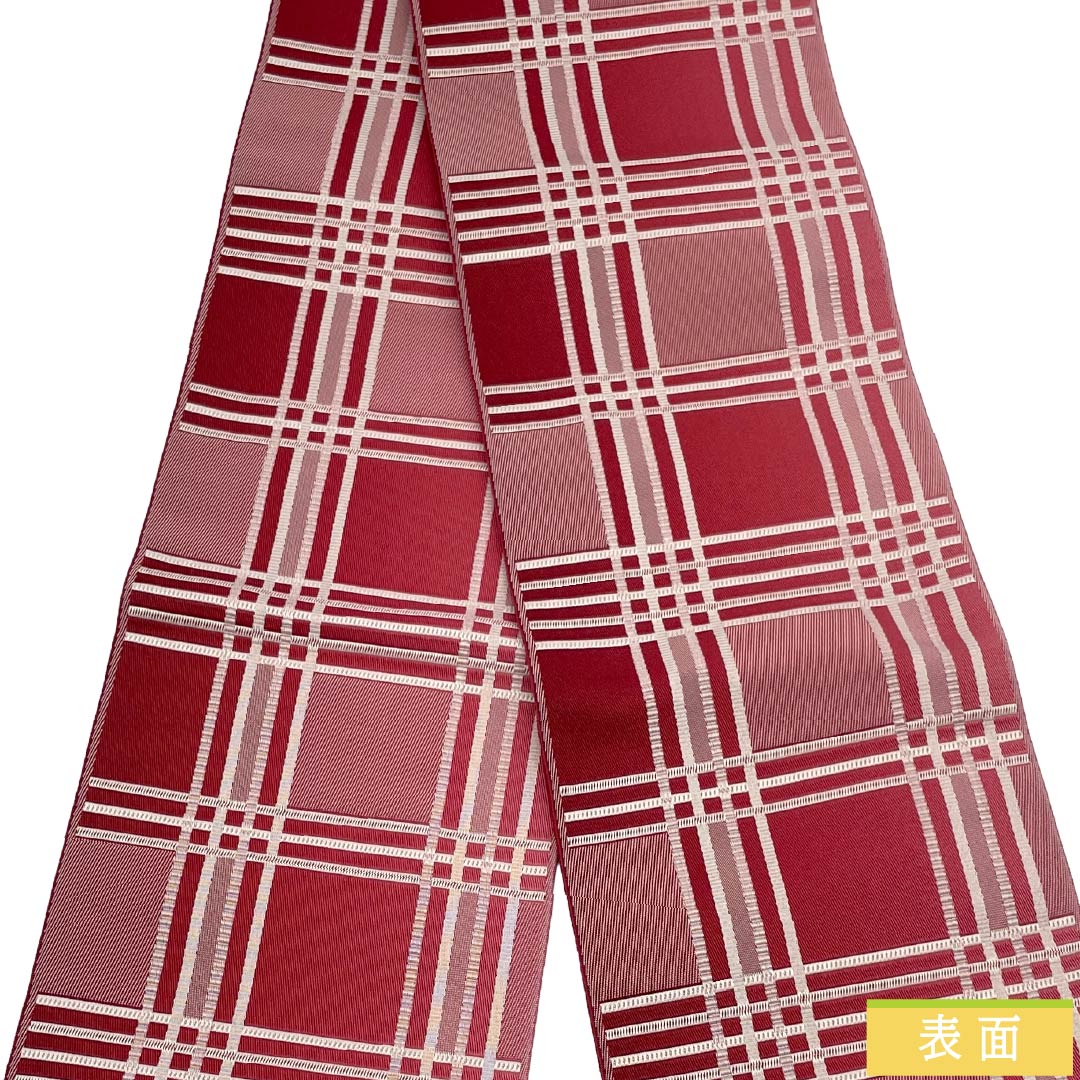 （新品）半幅帯 ポリエステル NEWランク 祭紅色（さいこうしょく） 真紅色（しんくいろ） 格子 小桜 広幅 リバーシブル 帯丈396cm 赤系 1125006341312