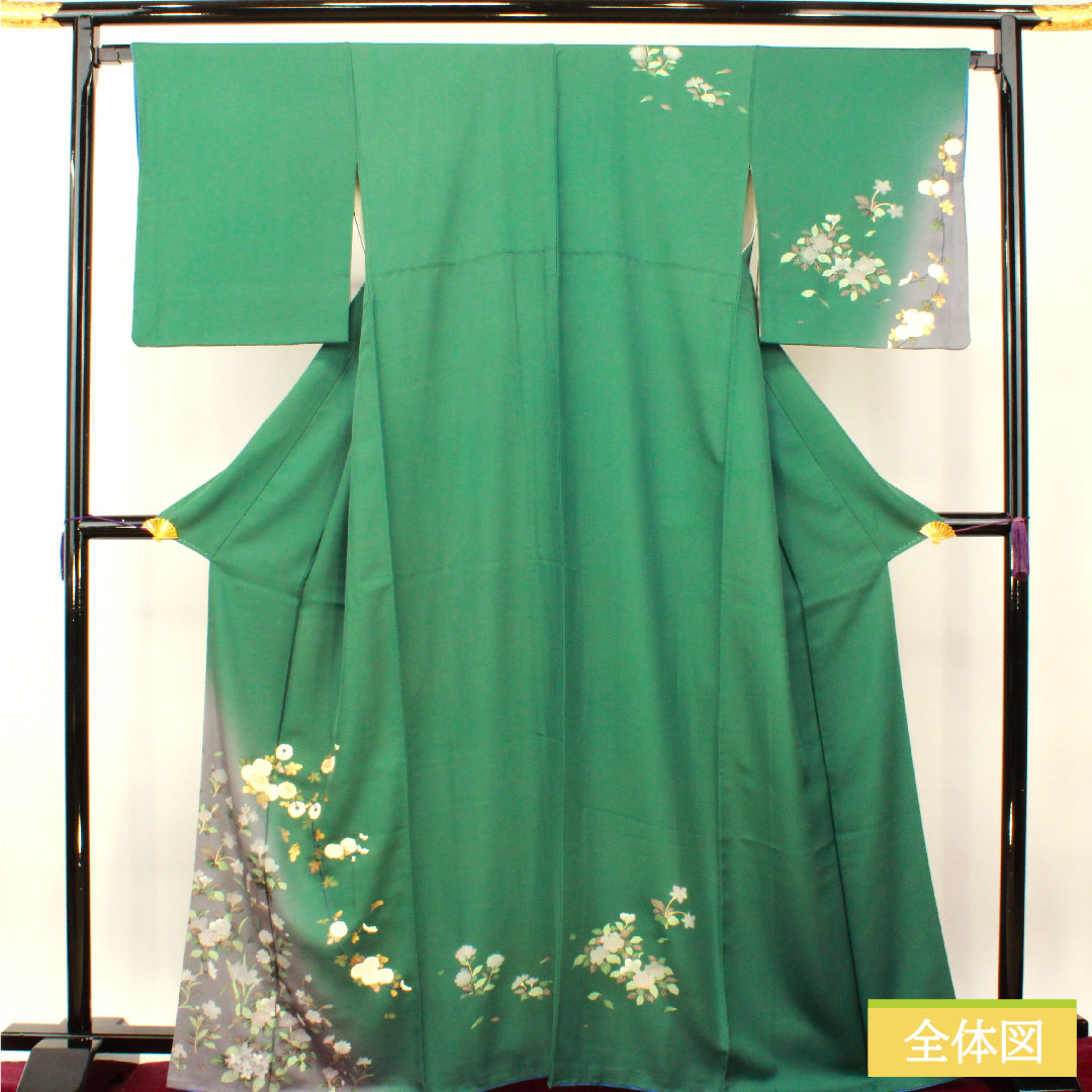 Homongi, pure silk, lined, length 166cm, sleeve length 66cm, Satsuma Nandouiro, Kyo-Yuzen, floral pattern, A rank, green, 1112004243519