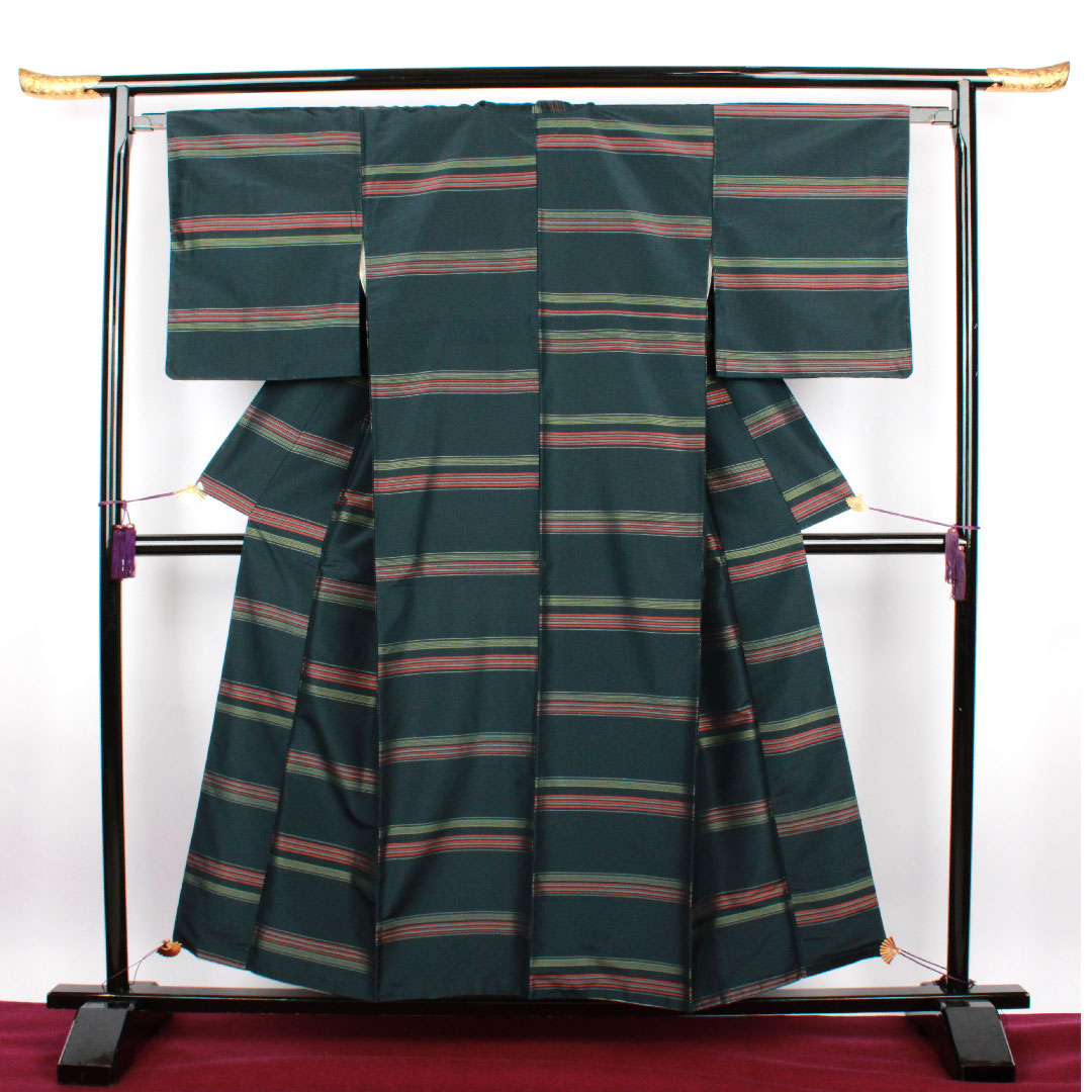 大島紬 身丈149.5cm 裄丈64cm 百入茶色 横縞模様 正絹 Sランク 袷 緑系 1116001662119