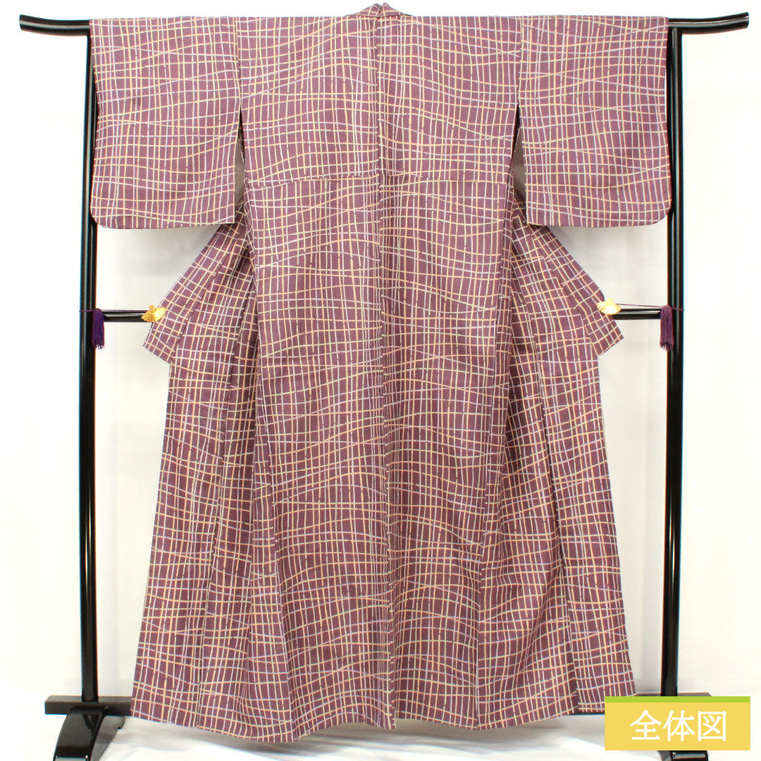小紋 ポリエステル 身丈159cm 裄丈66cm 単衣 古代紫色（こだいむらさきいろ） 洗える着物 格子 Aランク 紫系 1115004863320