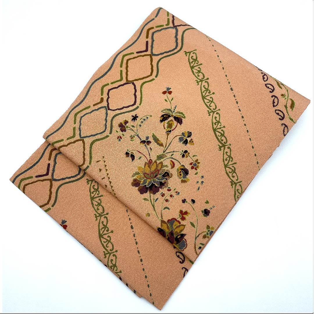 名古屋帯 薄赤色 型染 更紗 抽象模様 帯丈374cm 正絹 Sランク 全通 カジュアル ピンク系 1124003982313  名古屋仕立て