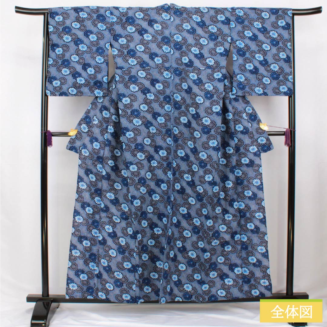 浴衣 木綿 身丈157cm 裄丈65cm Aランク 単衣 紺系 褐色（かちいろ） 菊 リップル 1118006473318