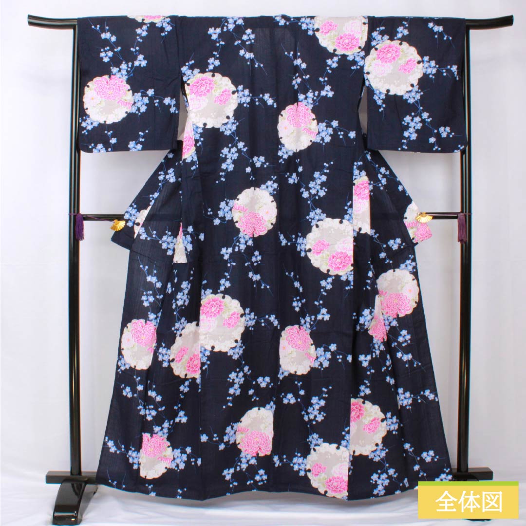 浴衣 木綿 身丈161cm 裄丈68cm Sランク 単衣 紺系 濃紺色（のうこんいろ） 雪輪 総花 1118005492418