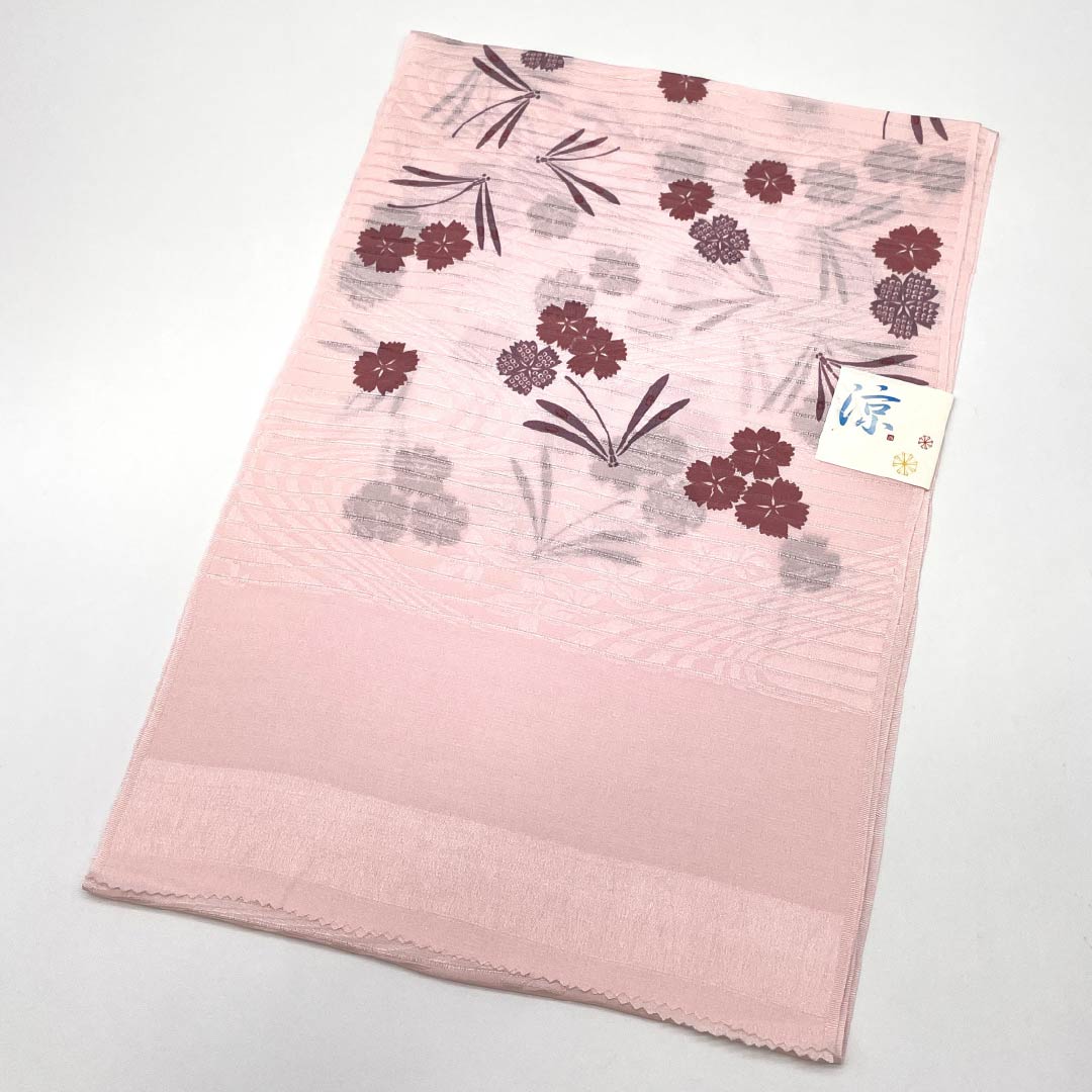 （新品）帯揚げ 正絹 セミフォーマル 淡紅色（たんこうしょく） 夏物 撫子 トンボ 長さ約170cm 幅約28.5cm NEWランク ピンク系 1136000711913
