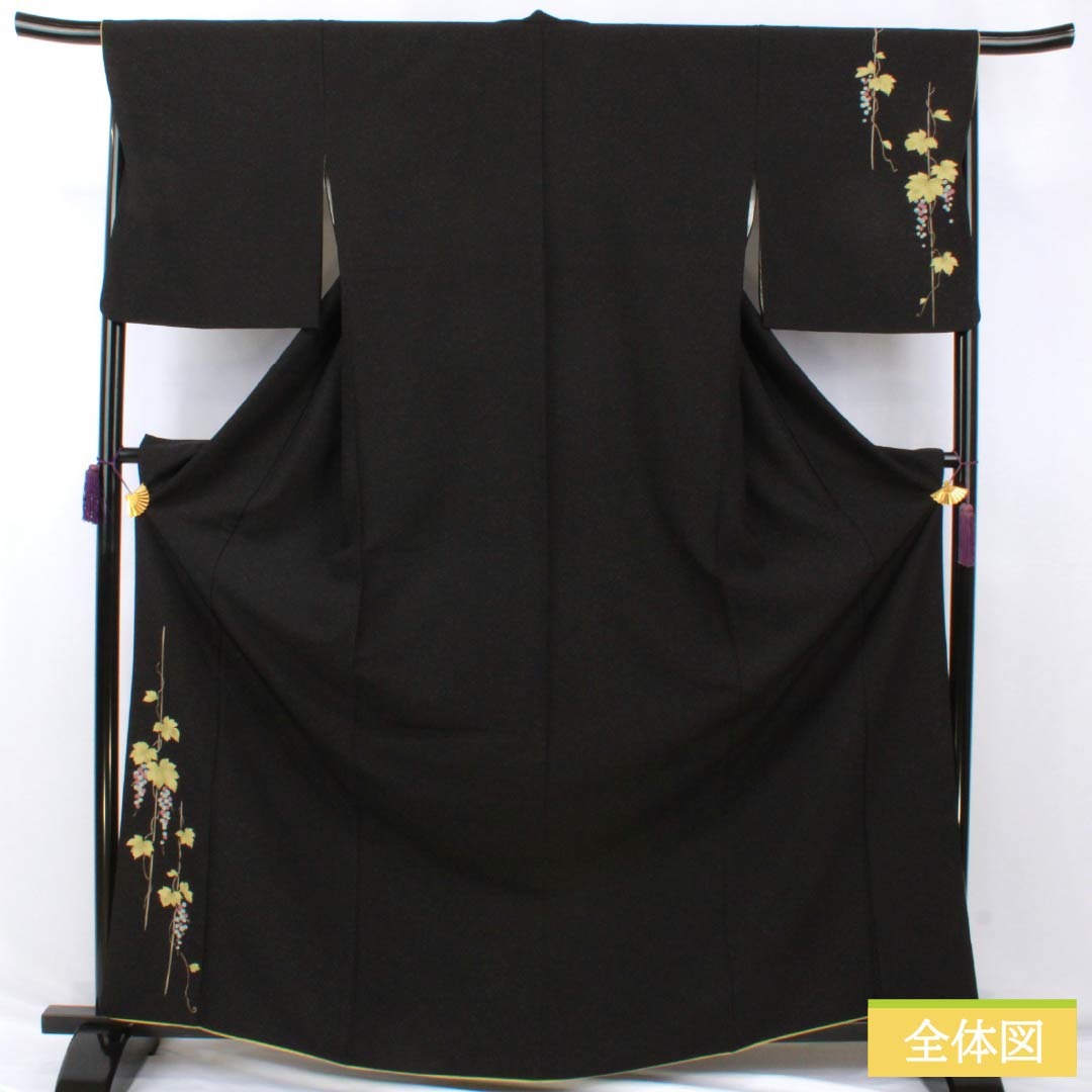 訪問着 ポリエステル Sランク 袷 身丈166.5cm 裄丈68cm 山本寛斎 蒲萄 洗える着物 付下げ 黒系 1112006942510