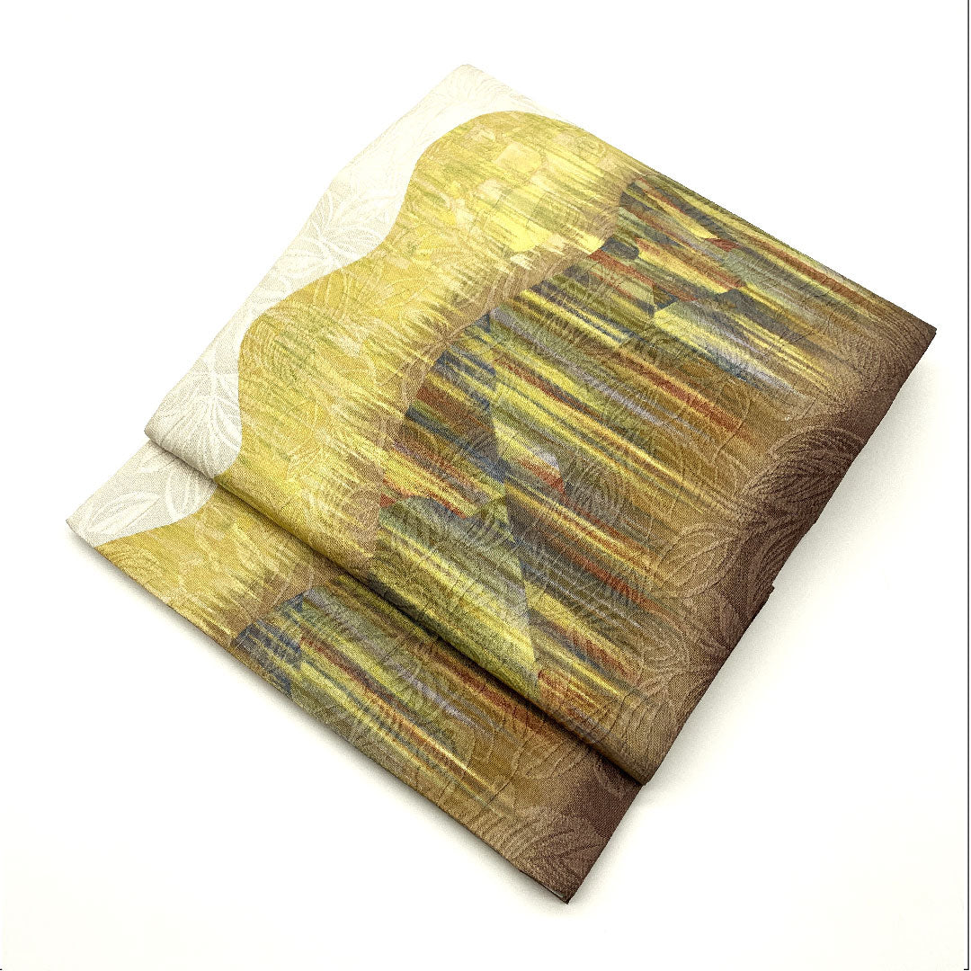 袋帯 染め帯 抽象模様 帯丈446cm 正絹 Aランク 全通 カジュアル 白系 1123005053311